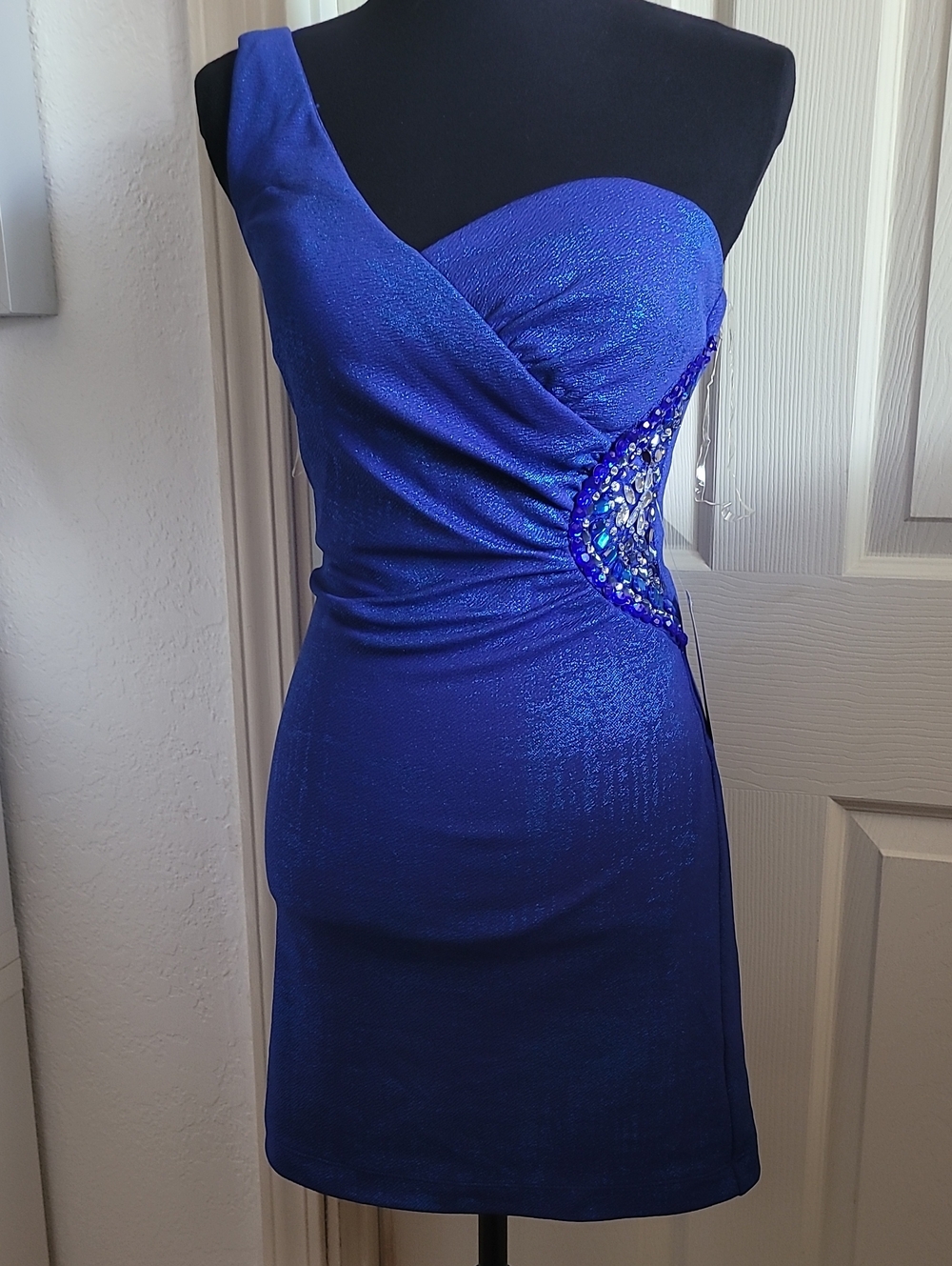 One-Shoulder Royal Blue Cocktail Mini Dress RHINESTONES JUNIOR 7 SIZE S NEW